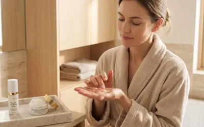 Donna in accappatoio applica crema viso per sapere come idratare la pelle. Prodotti per la cura della pelle sul lavandino.