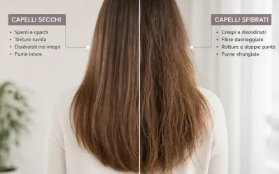 Confronto tra capelli secchi, spenti e opachi, e capelli sfibrati, crespi e con doppie punte.