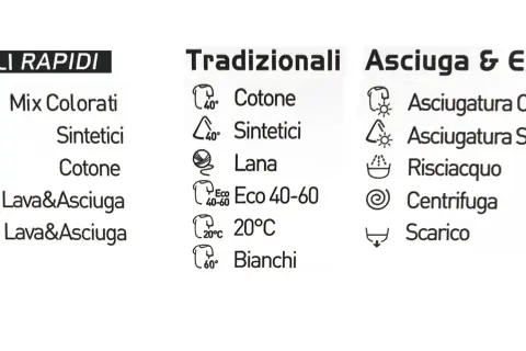 Simboli vaschetta lavatrice: cicli rapidi, tradizionali e asciugatura. Indicazioni per cotone, sintetici, lana, lavaggio e asciugatura.