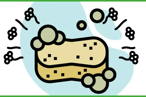 Spugna gialla con bolle di sapone e simboli floreali, evoca un ammorbidente con acido citrico per un bucato fresco.