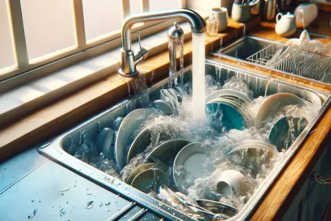 Un rubinetto gocciola su un lavandino pieno di piatti, creando un vortice d'acqua. L'ammollo lavastoviglie è in pieno svolgimento, con schiuma e bolle che danzano tra le stoviglie.