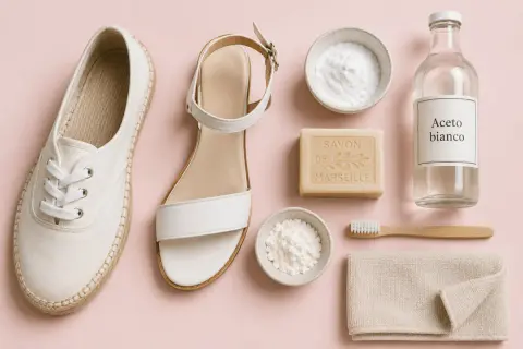 Scarpe bianche, un sandalo, bicarbonato, sapone di Marsiglia, aceto bianco, spazzolino e panno: tutto l'occorrente per sapere come pulire scarpe bianche.