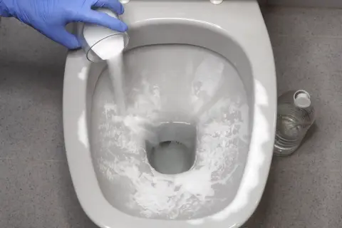 Guanto blu versa polvere bianca nel WC per disincrostare. Bottiglia d'acqua sullo sfondo.