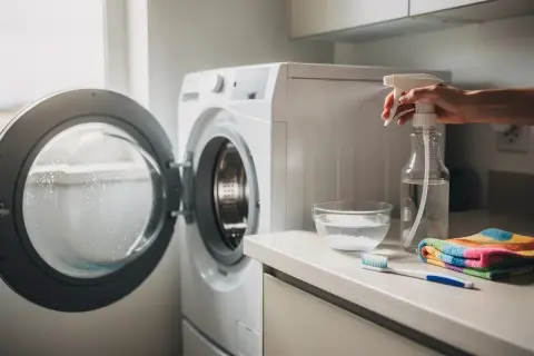 Preparativi per pulire la lavatrice: una mano spruzza un liquido da un flacone, accanto a una ciotola con bicarbonato, uno spazzolino e un panno colorato.