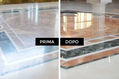 Before and after comparison of a marble floor, showing a dull surface on the left and a polished, reflective surface on the right.