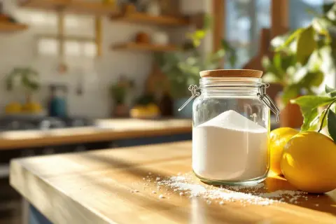 Barattolo di vetro con acido citrico e percarbonato di sodio, accanto a limoni freschi su un tavolo di legno in cucina.
