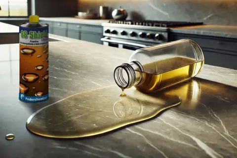 Protezione fai da te per marmo: una bottiglia di prodotto idrorepellente per marmo accanto a un liquido dorato versato su un piano di lavoro in marmo.