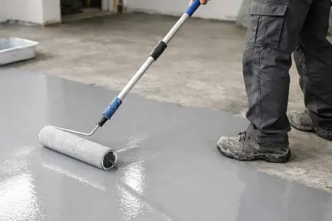 Lavoratore stende vernice grigia su cemento grezzo con un rullo. Ecco come pulire cemento grezzo per un nuovo look.