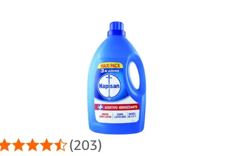 Flacone blu di Napisan, additivo igienizzante che rimuove germi e cattivi odori.