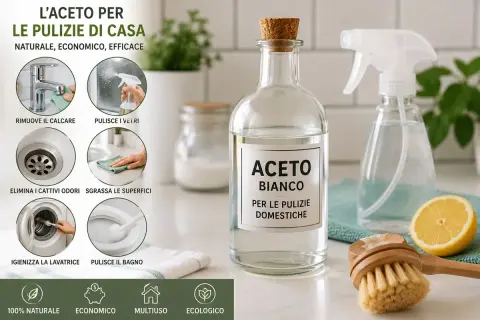Aceto bianco per pulizie domestiche: rimuove calcare, pulisce vetri, elimina odori, sgrassa, igienizza e pulisce il bagno. Dosi acqua e aceto per pulire in modo naturale ed economico.