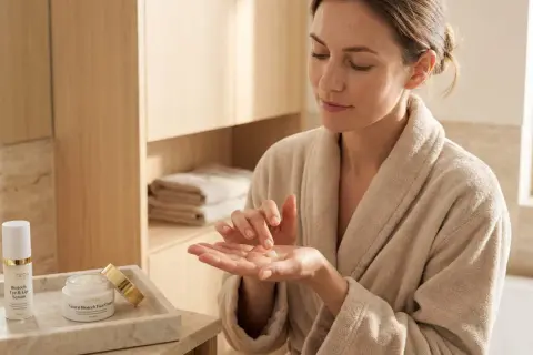 Donna in accappatoio applica crema viso per sapere come idratare la pelle. Prodotti per la cura della pelle sul lavandino.