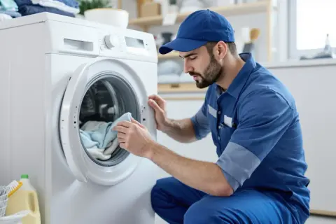 Tecnico controlla il filtro della lavatrice, forse per un filtro lavatrice puzza.