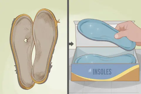 Solette usurate e bucate a sinistra, solette nuove e brillanti in una scatola a destra. Impara come lavare le solette delle scarpe per farle sembrare nuove.