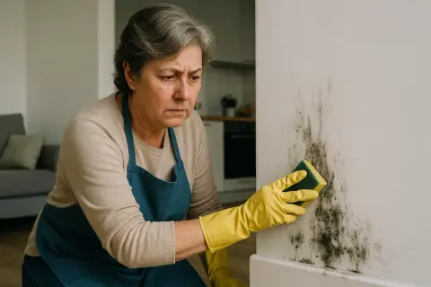 Donna con guanti gialli e grembiule pulisce il muro con aceto, preoccupata per la muffa.