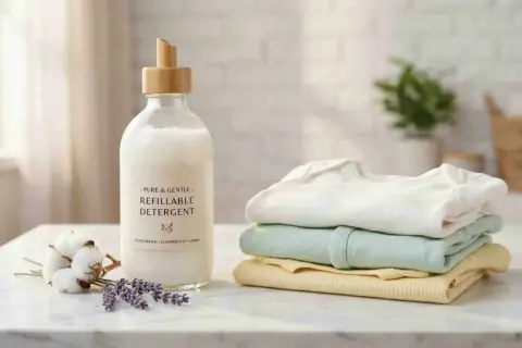 Detersivo per neonati: quale usare? Un flacone di detersivo ecologico accanto a una pila di vestiti per bambini e cotone.
