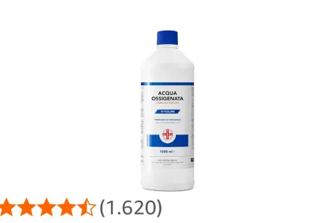 Flacone di acqua ossigenata (perossido di idrogeno) da 1000 ml, ideale per la sanificazione. Valutazione 4,6 stelle.