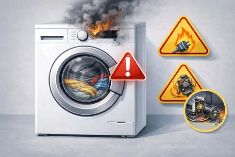 Lavatrice nuova puzza di bruciato, fumo e fiamme escono dal pannello. Segnali di pericolo indicano problemi elettrici.