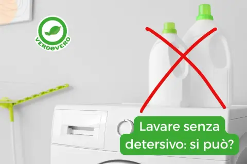 Lavare senza detersivo: si può? Due flaconi di detersivo sono barrati da una X rossa, accanto a una lavatrice.