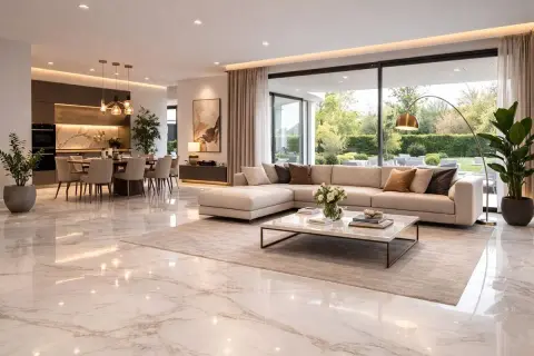 Lussuoso soggiorno con pavimenti in vari tipi di marmo bianco, divano angolare beige e cucina a vista.
