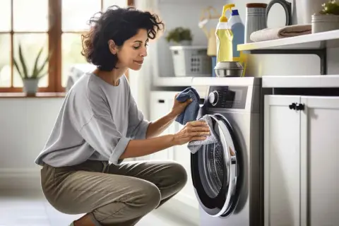 Donna pulisce la lavatrice dopo un lavaggio a 90 gradi, sperando di eliminare la puzza.