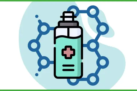Flacone di disinfettante con croce rossa, circondato da una rete molecolare. Utile per rimuovere macchie di acqua ossigenata sui tessuti.