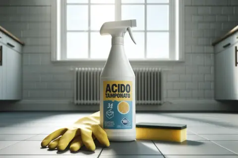 Flacone di acido tamponato per wc, guanti gialli e spugna su un pavimento piastrellato.