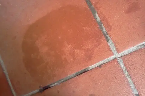 Macchia scura su un tappeto di cotto, forse un ricordo di un bicchiere rovesciato.