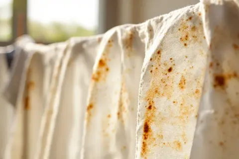 Tessuti bianchi appesi con macchie di unto vecchie. Una sfida per togliere macchie di unto vecchie e farli tornare come nuovi.
