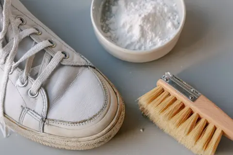 Scarpe bianche in pelle pronte per essere pulite con bicarbonato e una spazzola.