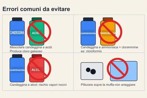 Non mescolare candeggina con acidi, ammoniaca o alcol. Evita di pitturare sopra la muffa senza arieggiare.