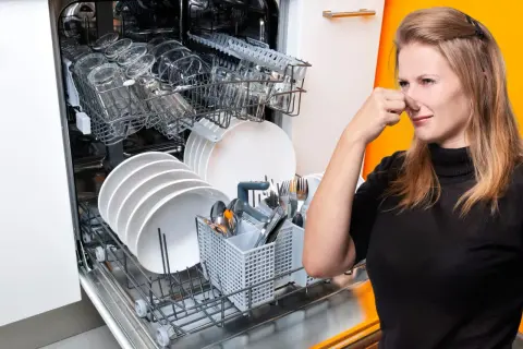 Donna tappa il naso davanti a una lavastoviglie piena di piatti, suggerendo la necessità di una cura lavastoviglie fai da te per eliminare i cattivi odori.