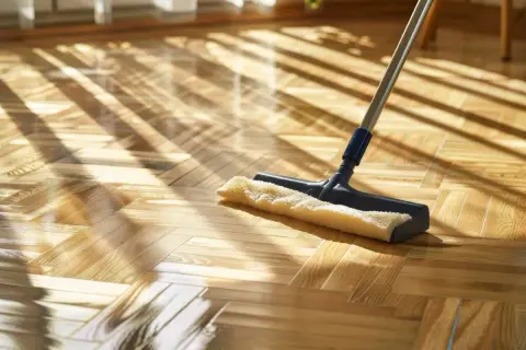 Un mocio lucida un parquet a spina di pesce, illuminato da raggi di sole che creano un gioco di luci. Scopri come lucidare parquet per un risultato splendente.