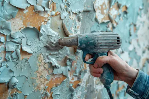 Una mano impugna un attrezzo che rimuove vecchi schizzi di vernice da un muro scrostato.