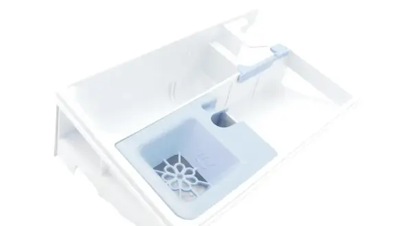 Cassetto per detersivo Hotpoint Ariston lavatrice: scomparto per detersivo liquido o in polvere, con indicazione MAX.