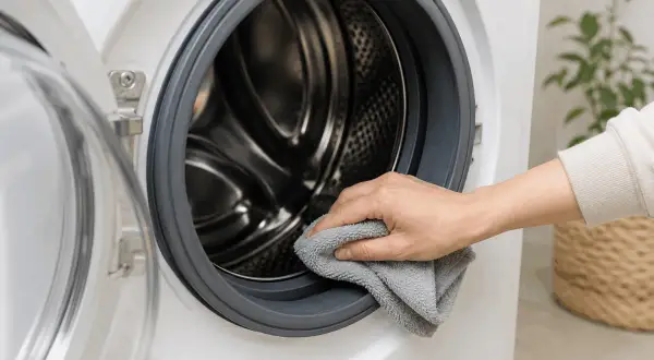 Mano pulisce con panno grigio l'oblò della lavatrice, mostrando come pulire l'oblò della lavatrice per un bucato fresco.