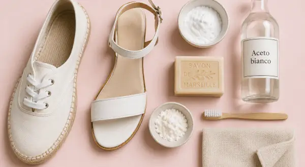 Scarpe bianche, un sandalo, bicarbonato, sapone di Marsiglia, aceto bianco, spazzolino e panno: tutto l'occorrente per sapere come pulire scarpe bianche.