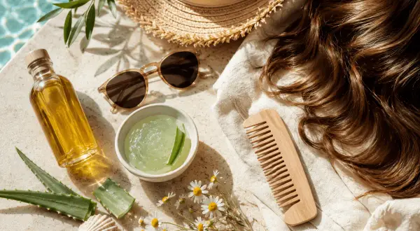 Olio, aloe e pettine in legno per curare i capelli secchi. Cappello di paglia e occhiali da sole completano la scena estiva.
