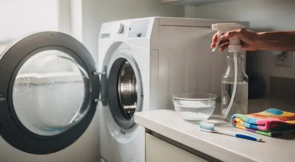 Preparativi per pulire la lavatrice: una mano spruzza un liquido da un flacone, accanto a una ciotola con bicarbonato, uno spazzolino e un panno colorato.