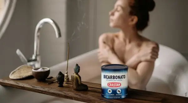 Una donna rilassata in vasca da bagno, con incenso e una ciotola di bicarbonato di sodio purissimo, un prodotto versatile per la casa e l'alimentazione.