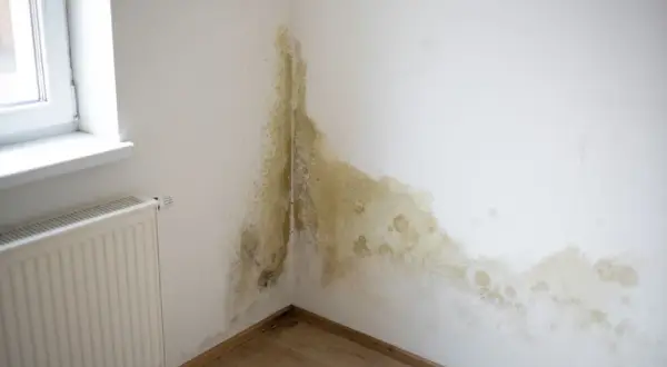 Angolo di una stanza con evidenti macchie sul muro interno, segno di umidità e potenziale muffa.