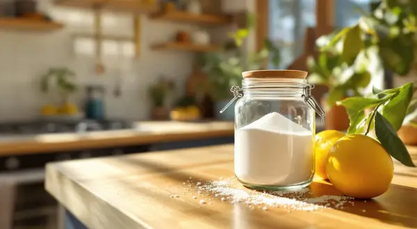 Barattolo di vetro con acido citrico e percarbonato di sodio, accanto a limoni freschi su un tavolo di legno in cucina.