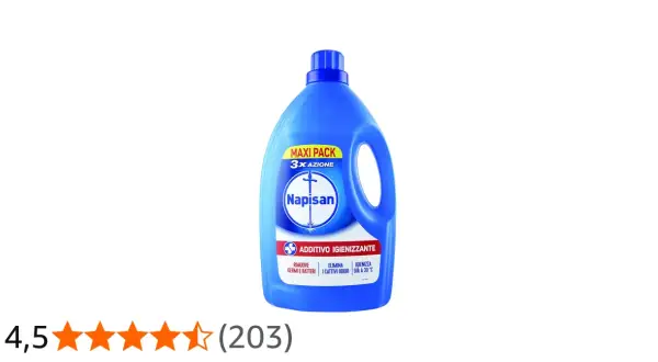 Flacone blu di Napisan, additivo igienizzante che rimuove germi e cattivi odori.