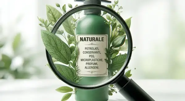 Lente d'ingrandimento su flacone verde con etichetta "NATURALE", circondato da foglie. Promuove cosmetici sostenibili, liberi da petrolati, conservanti, peg, microplastiche, profumi e allergeni.