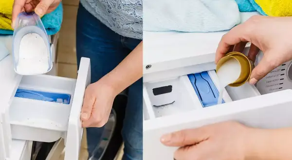 Come pulire il cassetto della lavatrice: aggiunta di detersivo in polvere e liquido.