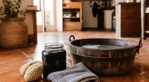 Savon noir cos'è? Un barattolo di sapone nero, spugne naturali e un telo grigio accanto a un catino di legno con acqua.