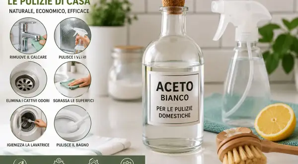 Aceto bianco per pulizie domestiche: rimuove calcare, pulisce vetri, elimina odori, sgrassa, igienizza e pulisce il bagno. Dosi acqua e aceto per pulire in modo naturale ed economico.