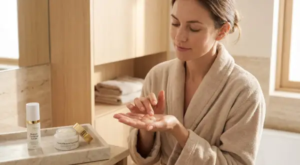 Donna in accappatoio applica crema viso per sapere come idratare la pelle. Prodotti per la cura della pelle sul lavandino.