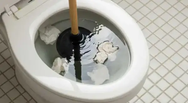 Strofinaccio nel water, con carta che galleggia. Il water non porta via la carta, creando un blocco.