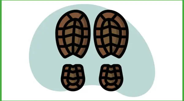 Impronte di scarpe marroni su sfondo azzurro. Guida su come togliere macchie di fango dalle calzature.