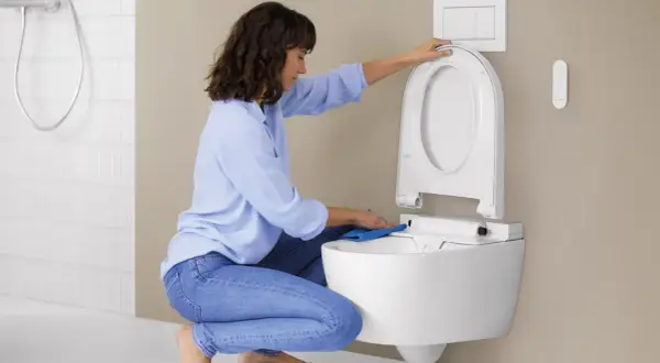 Donna pulisce il WC con un panno blu. Per una pulizia profonda, usa ammoniaca per pulire wc.